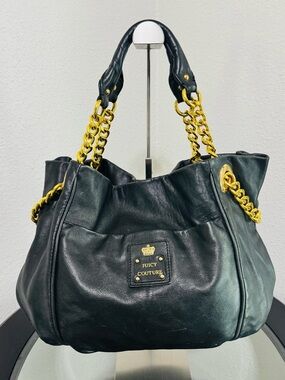 Juicy Couture Black Leather Shoulder Bag with Gold Chain Handles